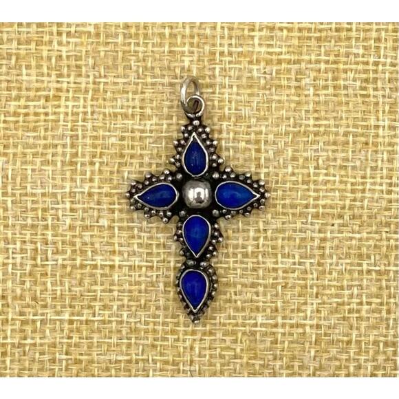 Vintage Sterling Silver Lapis Lazuli Ornate Cross - Picture 2 of 6